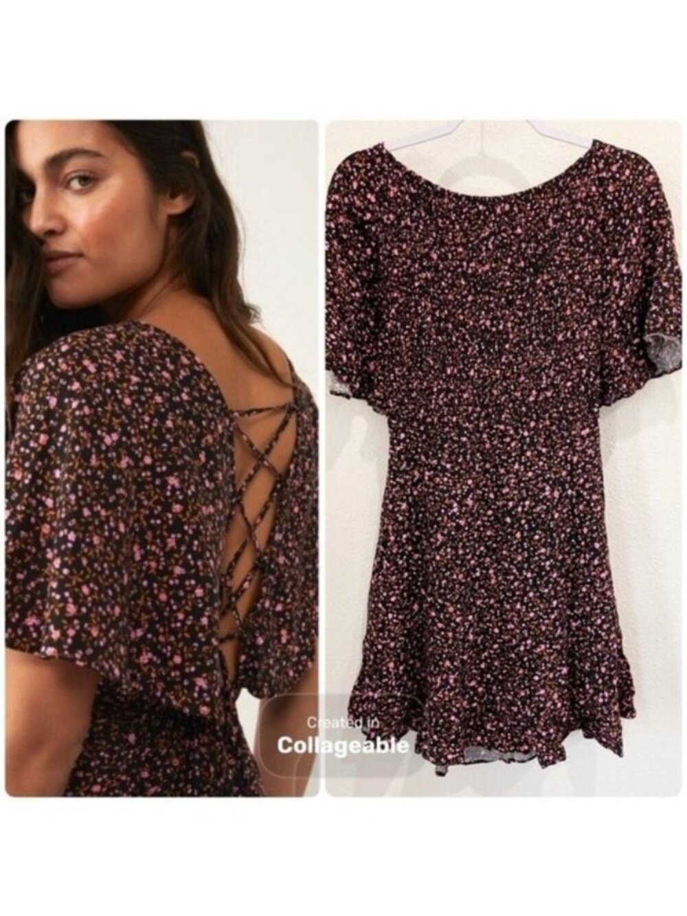 Free People Floral Western Mini Dress Lace Up Coquette Smocked Feminine Ruffle